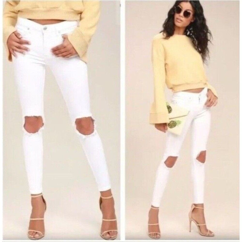 NWT Free People Women's Jeans White Fray Knee Cropped Skinny Button Fly Size 24